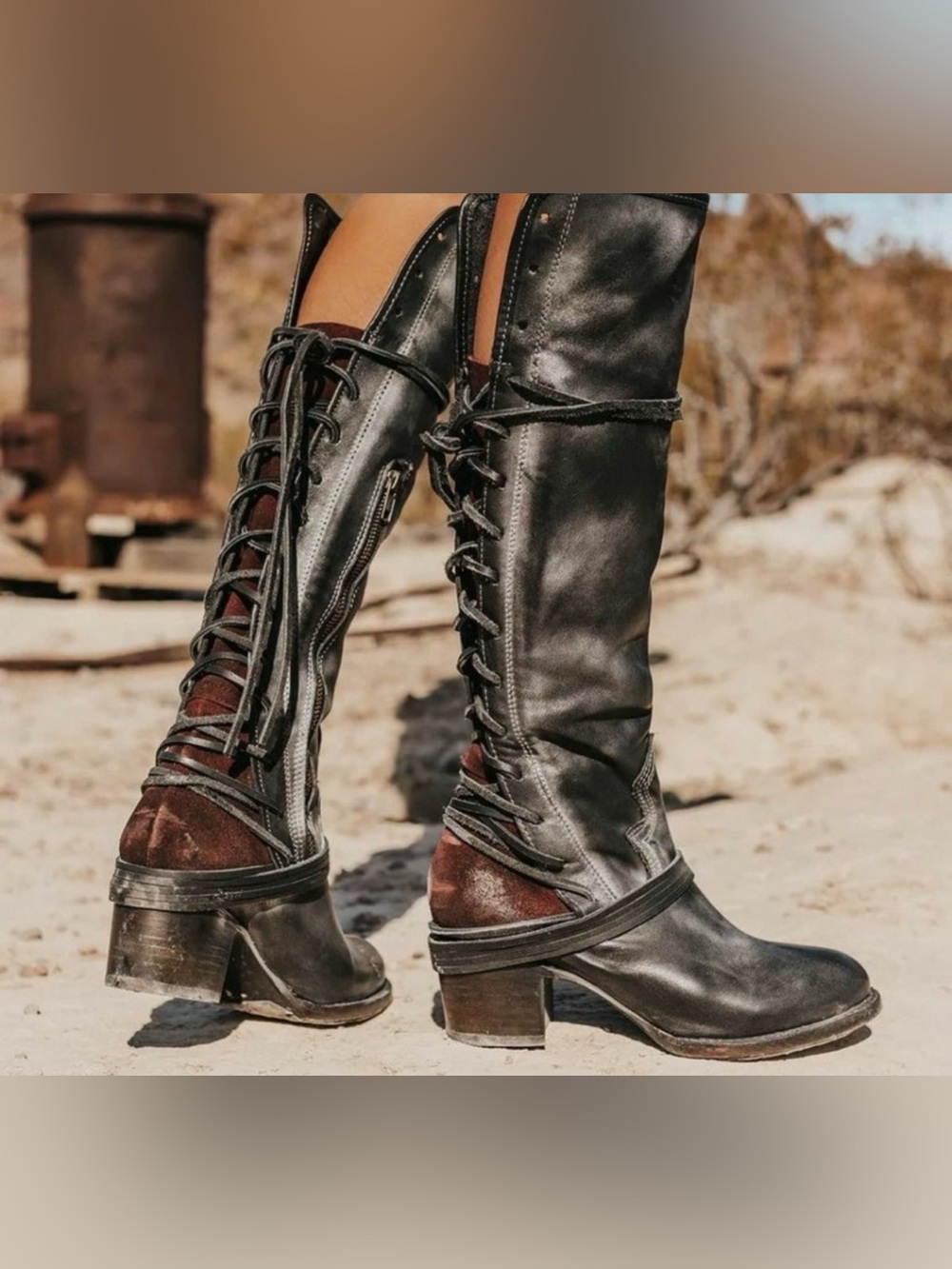 Freebird by Steven Coal Black Leather Lace-Up Knee High Boots Sz 7